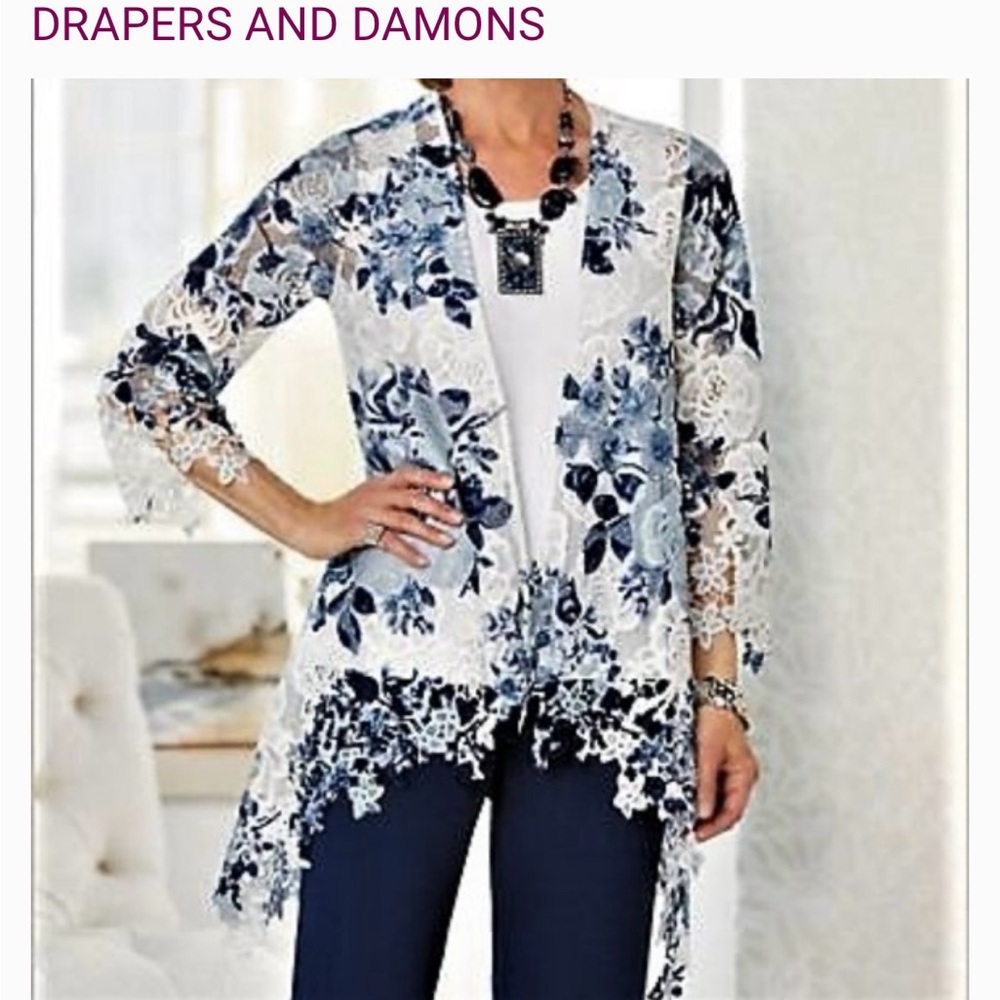 Drapers & Damons navy blue and white rose  cascade cardigan jacket